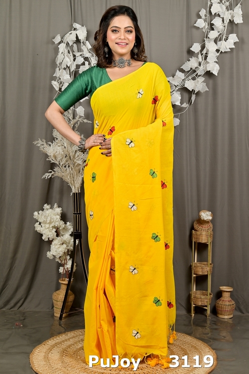 Yellow Blended Cotton Foyeli Embroidery Handloom saree (3119)