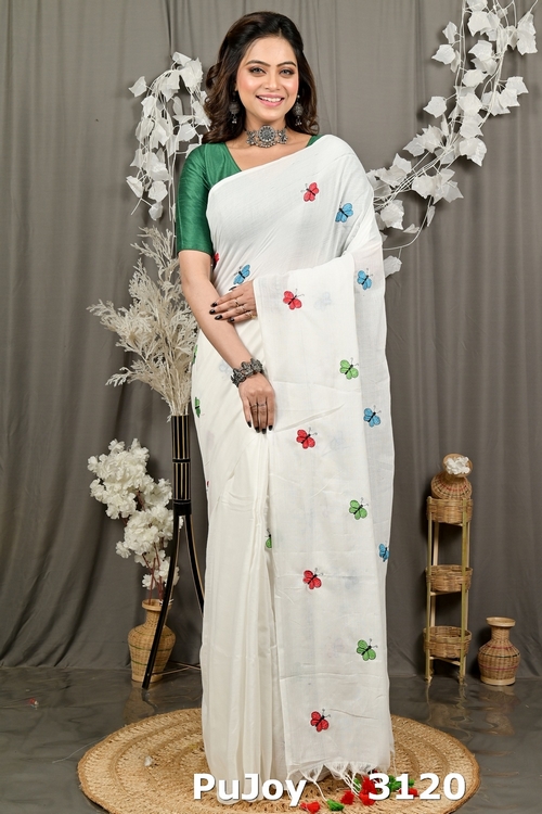 White Blended Cotton Foyeli Embroidery Handloom saree (3120)