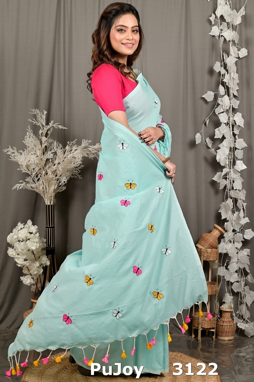 Sky Blue Blended Cotton Foyeli Embroidery Handloom saree (3122)