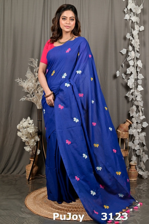 Naby Blue Blended Cotton Foyeli Embroidery Handloom saree (3123)