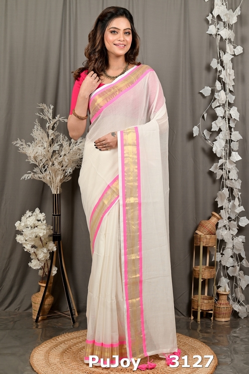 White Pink Cotton Sofeda Hand Loom Saree (3127)