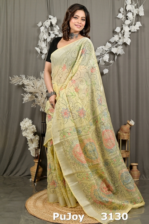 Off Whnite Cotton Varitikath Kantha Stitch Saree (3130)