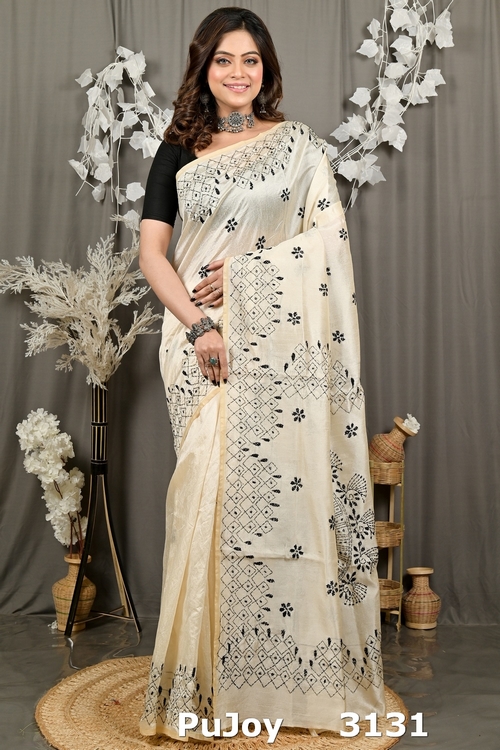 Off White Cotton Varitikath Kantha Stitch Saree (3131)