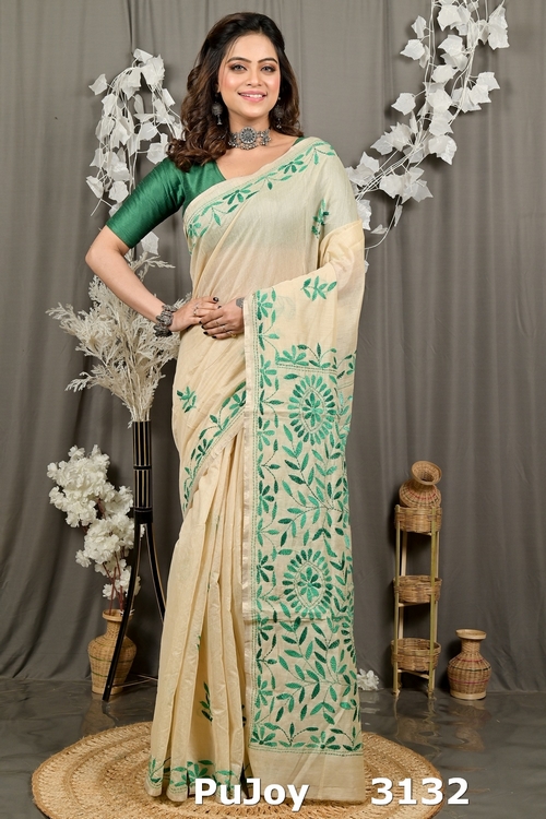 Off White Green Cotton Varitikath Kantha Stitch Saree (3132)