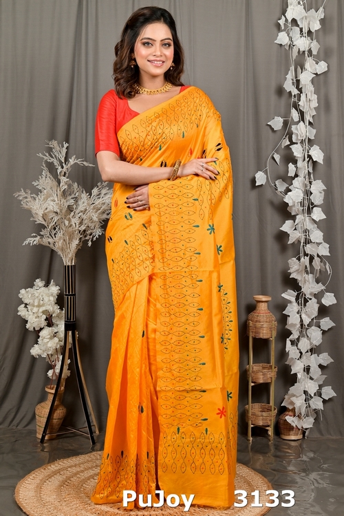 Yellow Cotton Varitikath Kantha Stitch Saree (3133)