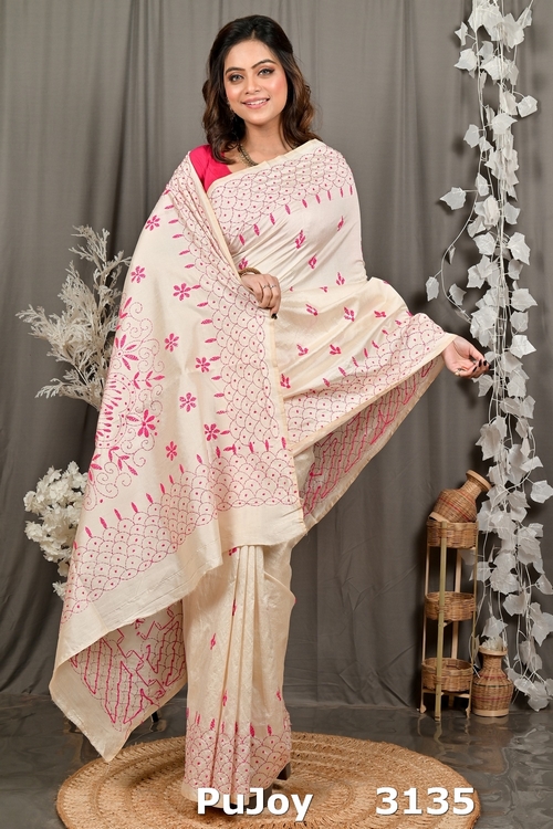 Off White Pink Cotton Varitikath Kantha Stitch Saree (3135)
