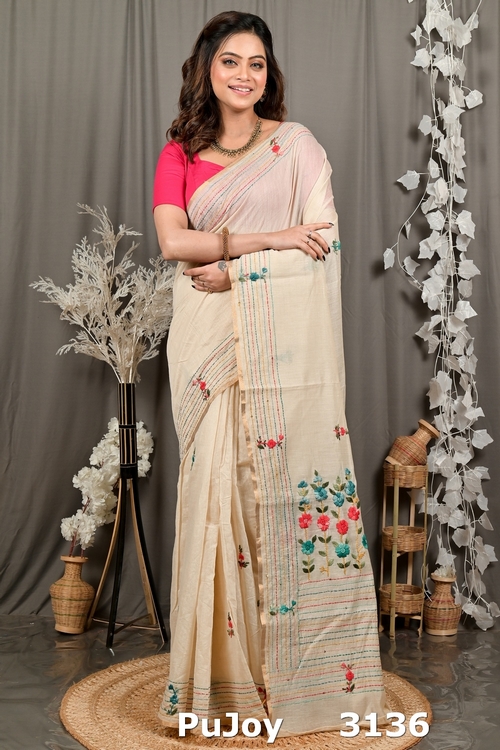 Cream Cotton Varitikath Kantha Stitch Saree (3136)