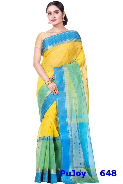 Yellow Pure Cotton Ganga Jamuna_Buti Tant Saree (648)