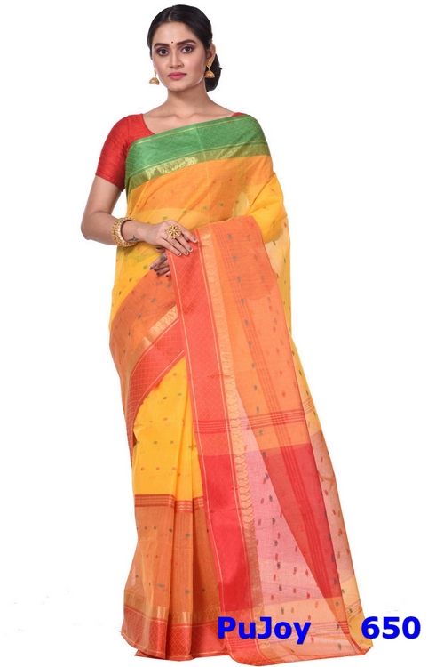 Yellow Pure Cotton Ganga Jamuna_Buti Tant Saree (650)
