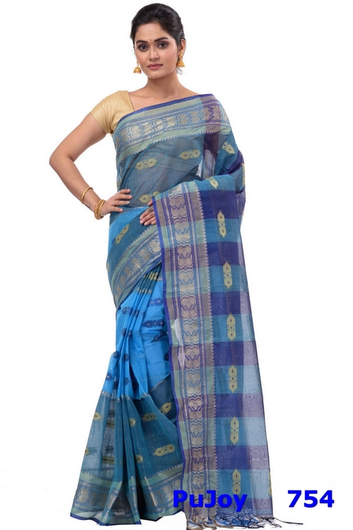 Blue Pure Cotton Raj Nandi Desigine Tant Saree (754)